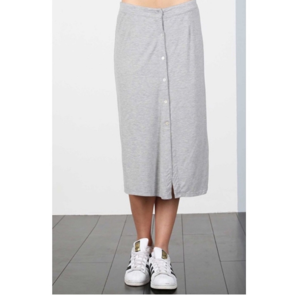 POL Gray Jersey Button Up Midi Skirt